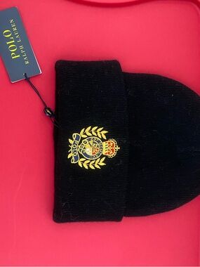 Polo by Ralph Lauren Black Beanie with Gold Crest Embroidery